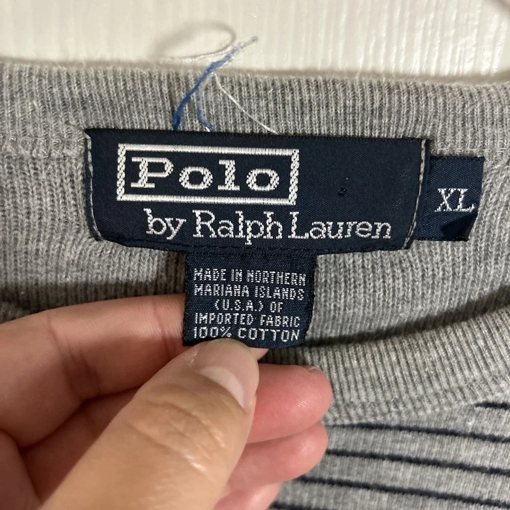 VTG Polo Ralph Lauren‎ Cotton Sweater Gray Blue Stripe Men XL Blue Pony